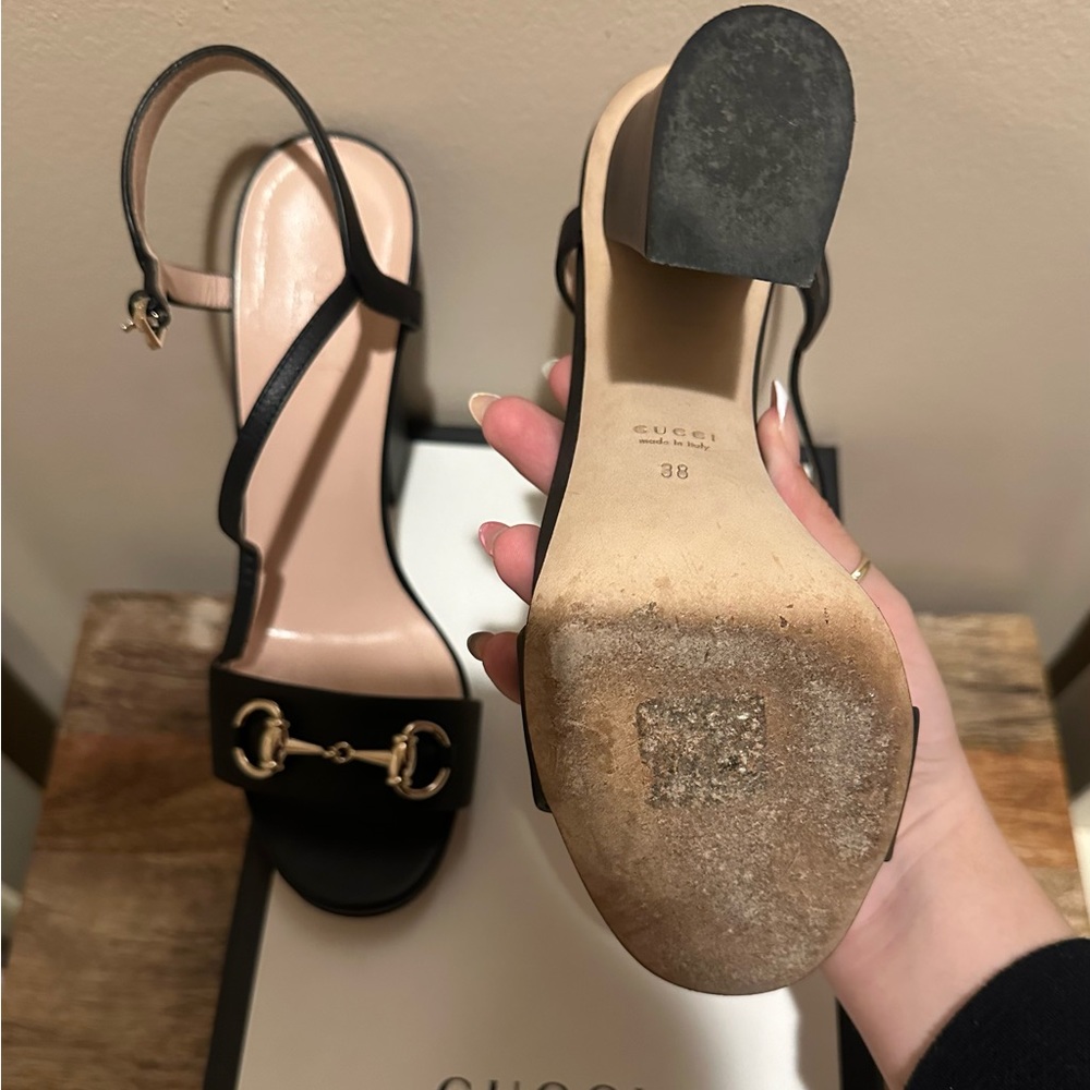 Gucci Black Leather Hoursebit Ankle Strap Open Toe Block Heels Sandals - Picture 3 of 4
